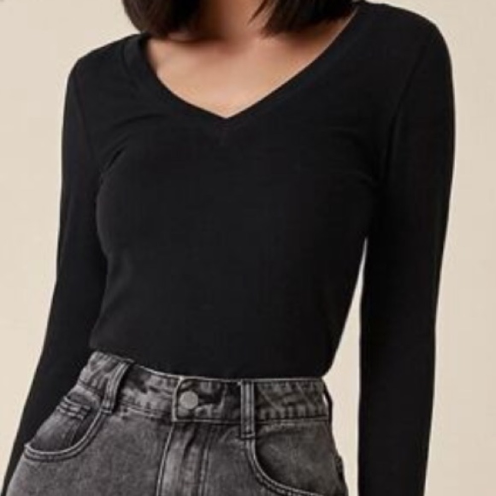 SHEIN BASICS Solid V Neck Long Sleeve Tee For Summer